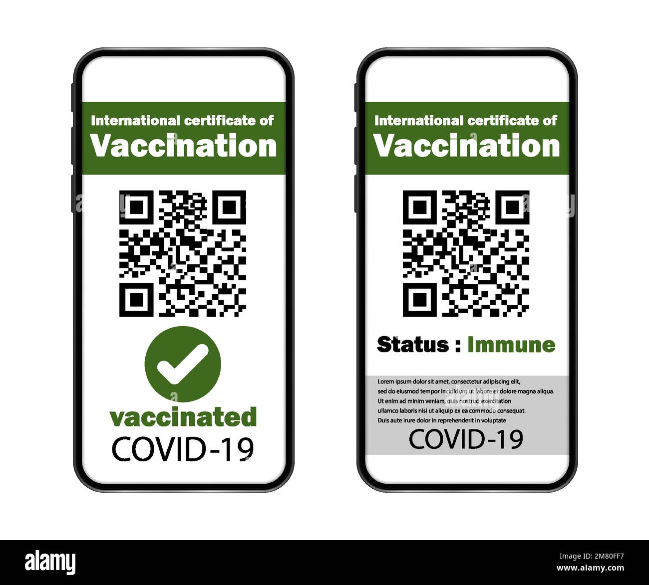 Certificate of vaccination on mobile phone screen with qr-code and pass check mark vaccinated. Vector illustration. Eps 10. Stock Vector