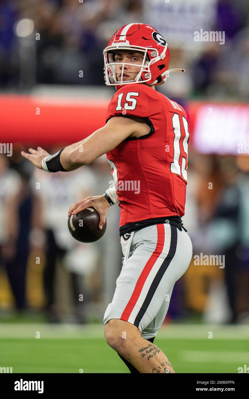Georgia Bulldogs quarterback Carson Beck (15) throws a pass during the College Football Playoff National Championship against the TCU Horned Frogs, Mo Stock Photo