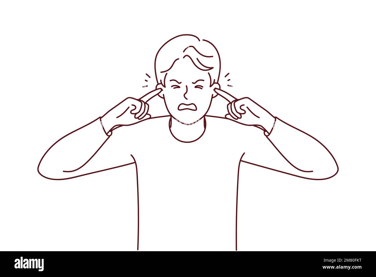 Unhappy young man cover ears suffer from unbearable noise. Upset