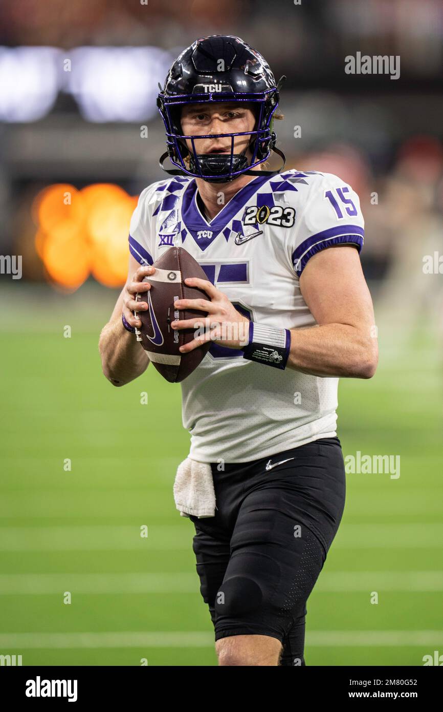 TCU Horned Frogs quarterback Max Duggan (15) during warm ups before the College Football Playoff National Championship against the Georgia Bulldogs, M Stock Photo