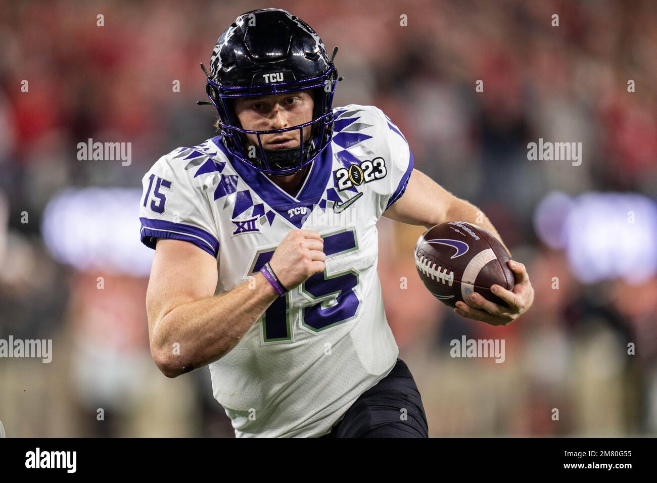 TCU Horned Frogs quarterback Max Duggan (15) runs the ball for a touchdown during the College Football Playoff National Championship against the Georg Stock Photo