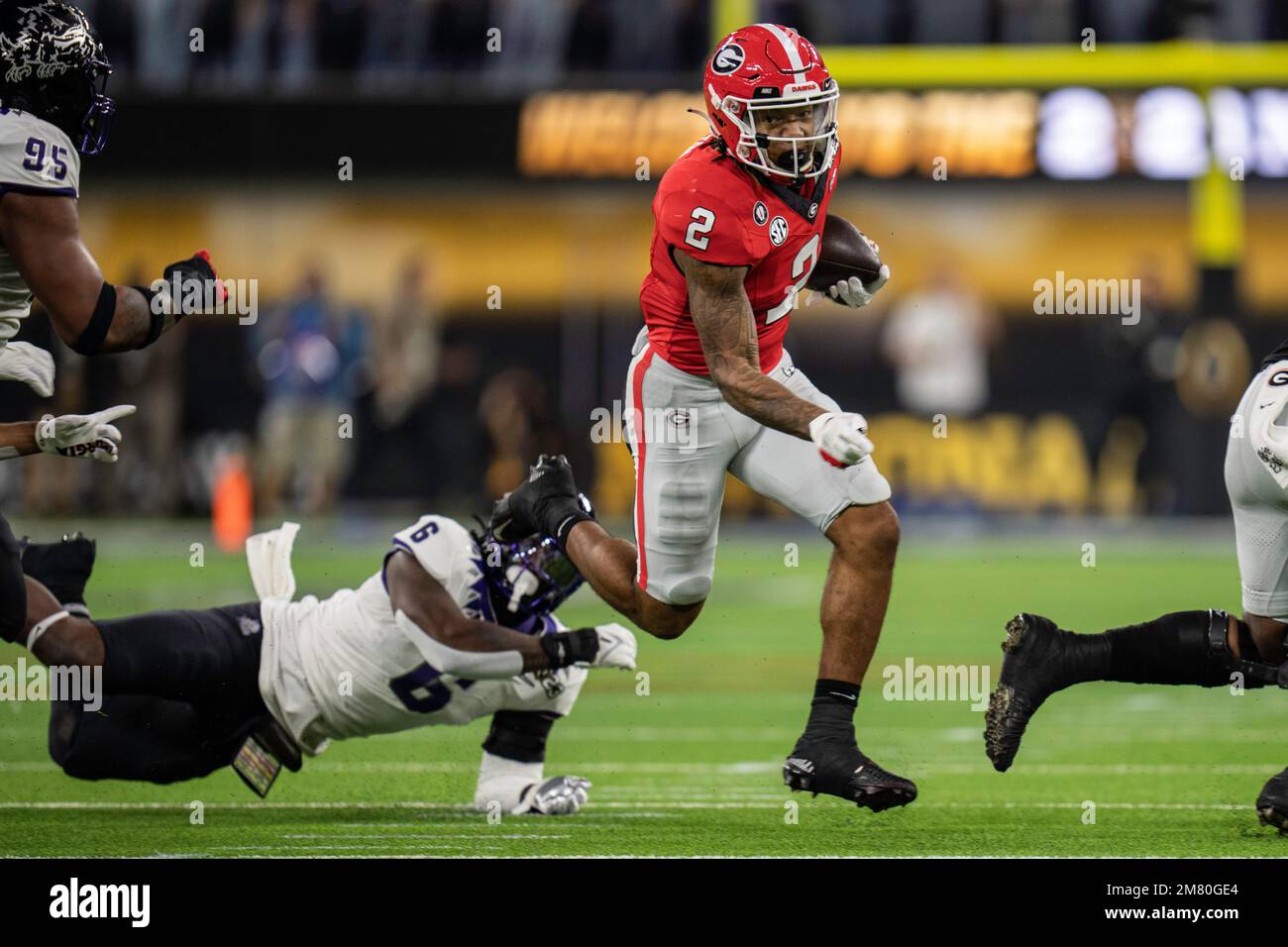 Georgia Bulldogs running back Kendall Milton (2) runs the ball during the College Football Playoff National Championship against the TCU Horned Frogs, Stock Photo
