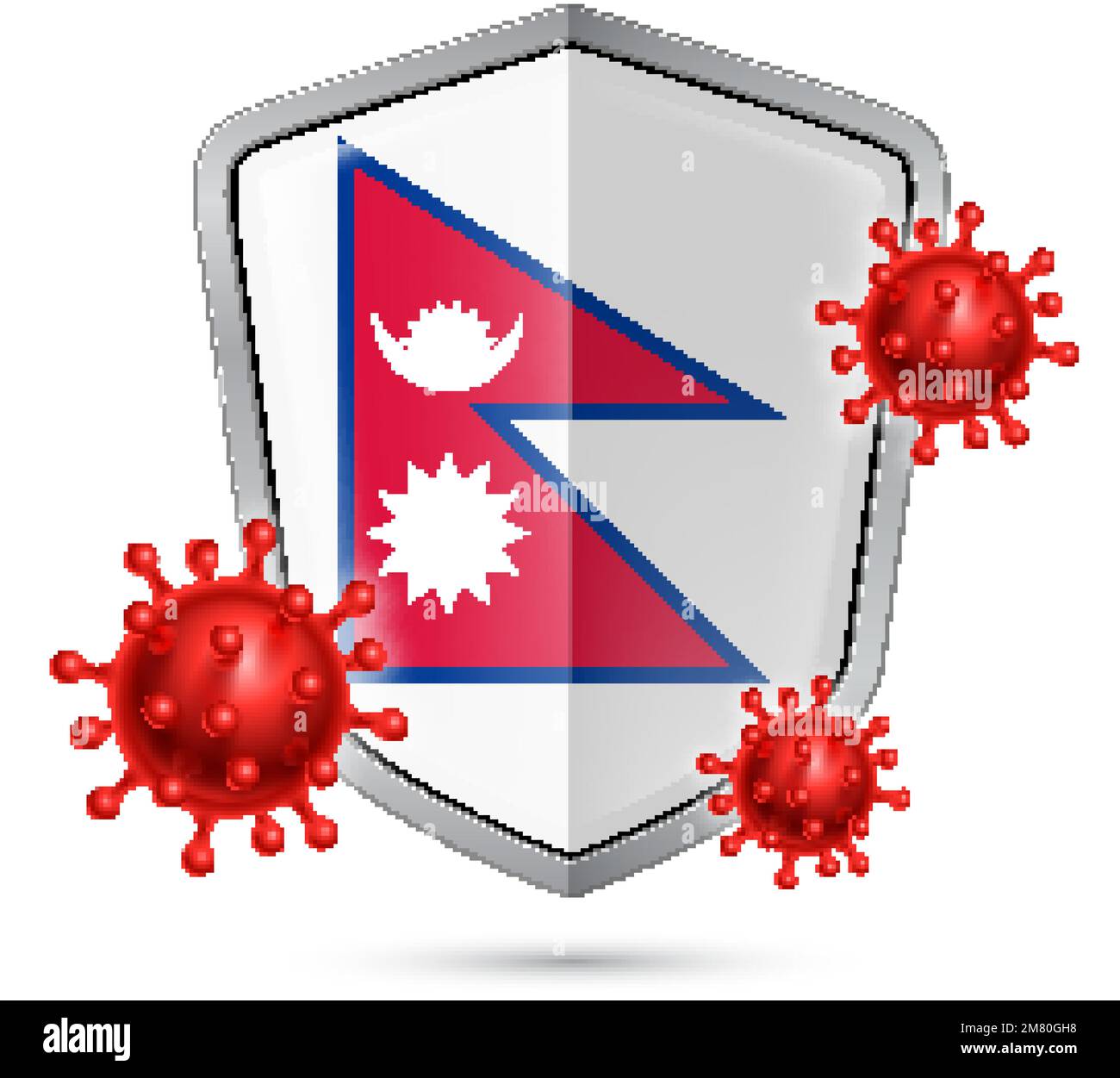 Flag of Nepal on Metal Shiny Shield Icon and Red Corona Virus Cells. Concept of Health Care and Safety Badge. Security Safeguard Metal Label with Nepa Stock Vector