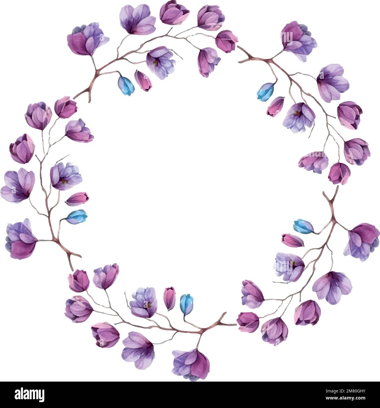 Watercolor sakura wreath. Natural round frame with blossom cherry tree branches. Hand drawn japanese flowers illustration on white background Stock Vector