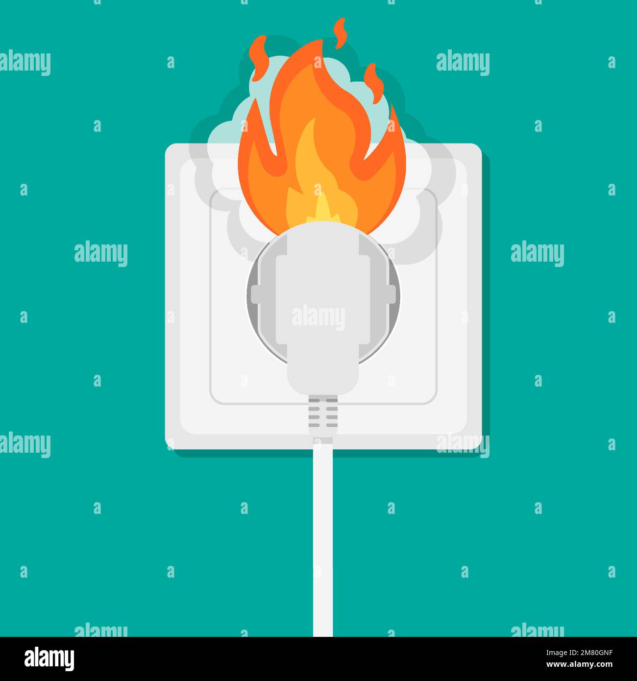 Fire wiring. Socket and plug on fire from overload. Electrical safety