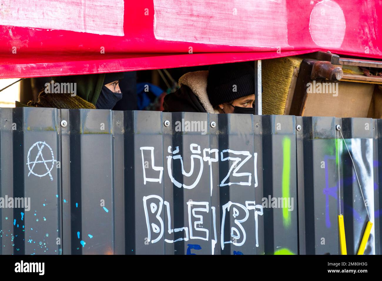 Climate activists have barricaded themselves in the German lignite village of Lutzerath in North Rhine-Westphalia. The activists have been occupying the village for more than two years to prevent it from disappearing from the face of the earth, as agreed in a deal negotiated by political leaders. Energy company RWE mines lignite there, which activists blame for global warming and CO2 pollution. Early this morning, police began evacuating the village. Stock Photo