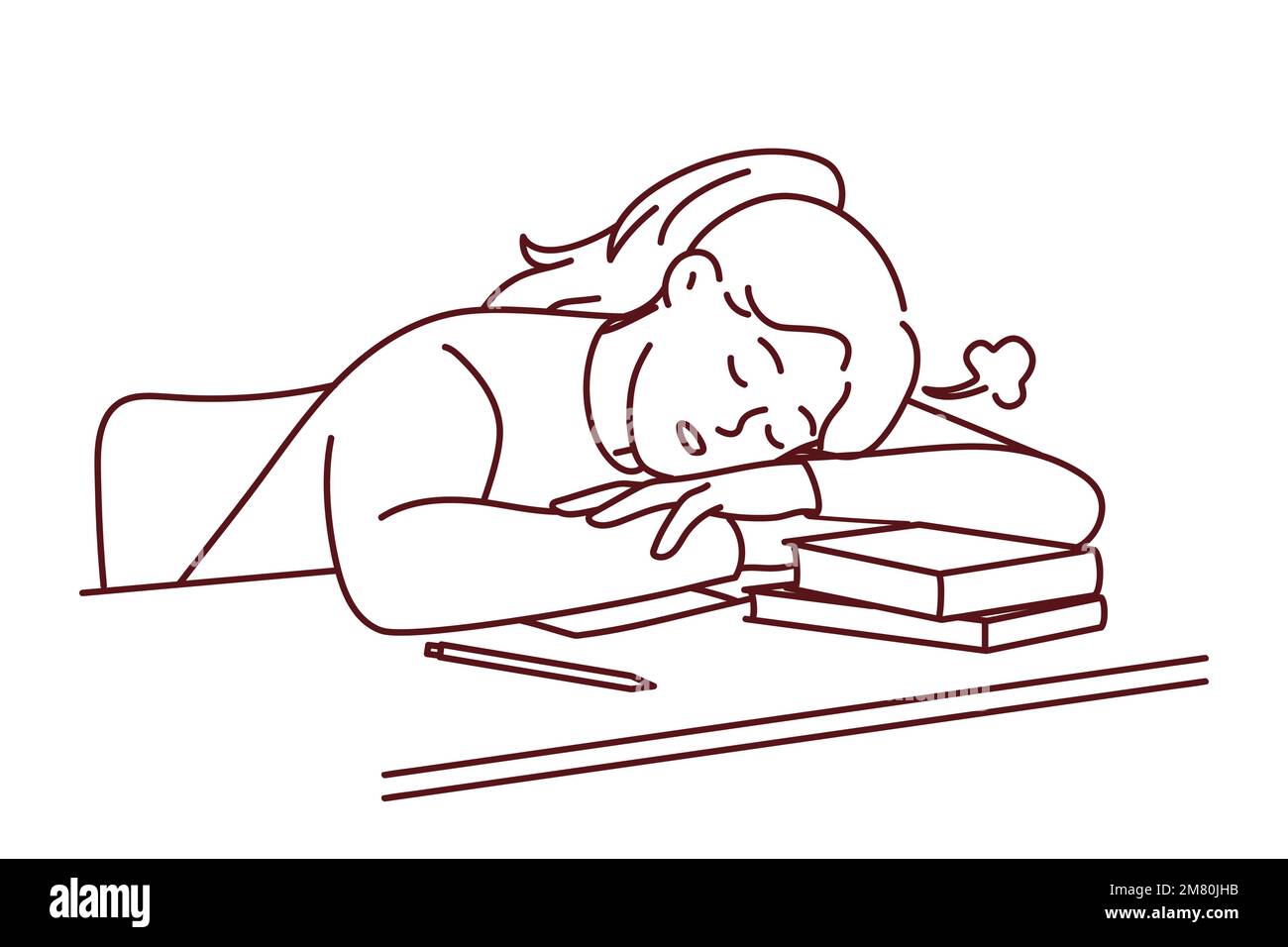 Tired young female student fall asleep on desk distressed with studying. Exhausted girl sleep on table suffer from exhaustion and fatigue learning. Vector illustration.  Stock Vector