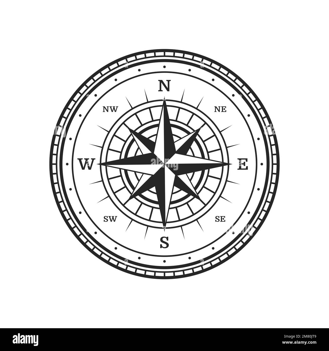 Old compass. Vintage map wind rose of vector travel and adventure