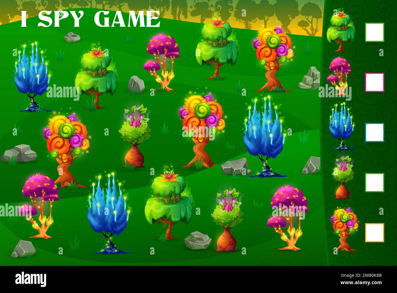 I spy game, magic alien trees and plants in fantasy forest, vector quiz