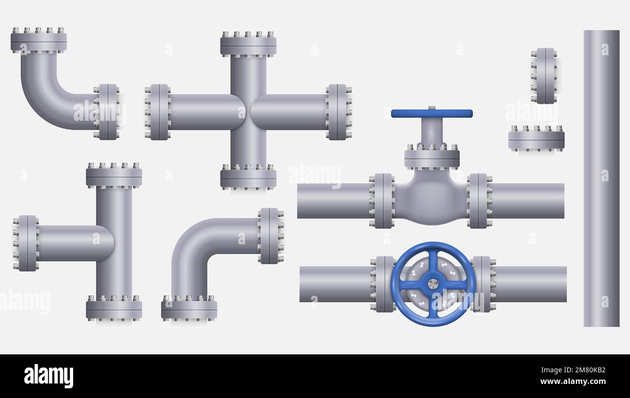 Collection of metal pipes. Steel pipelines, plastic tubes, valves and