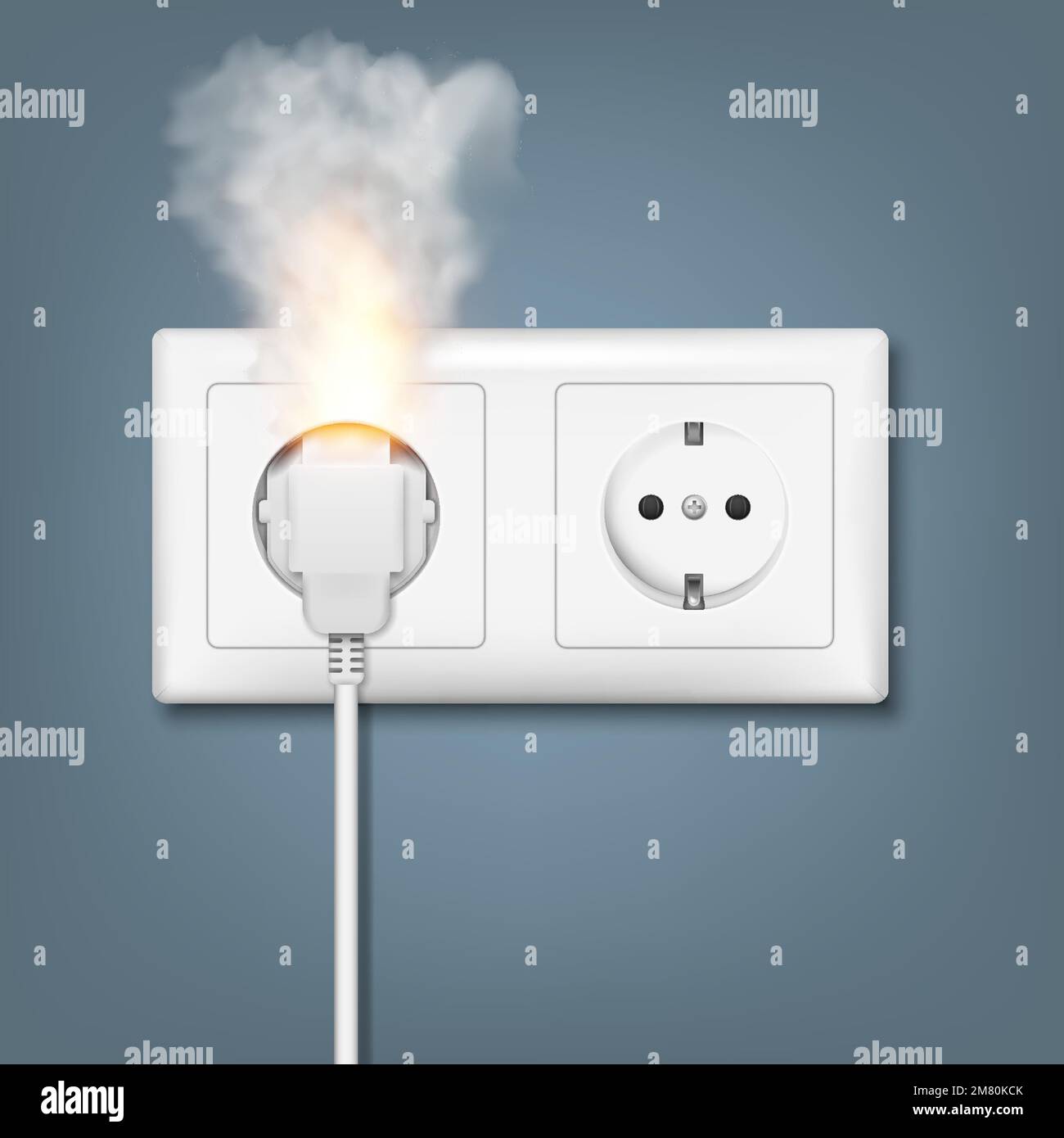 Fire wiring. Realistic socket and plug on fire from overload