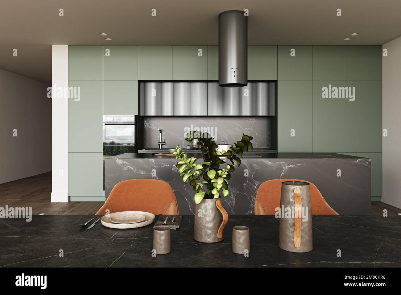 Kitchen in new luxury home with black marble island and hardwood floors ...