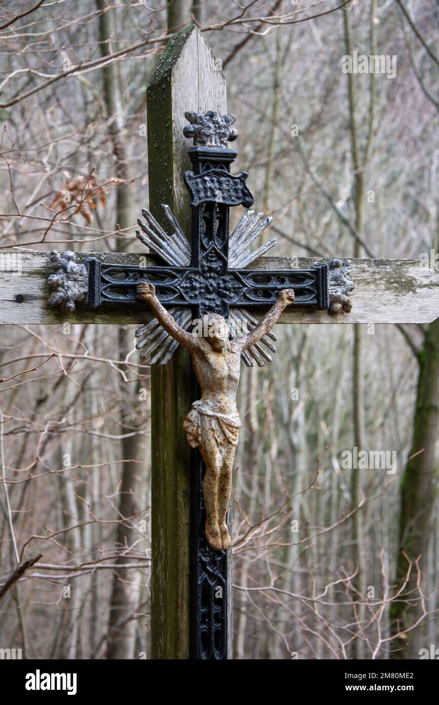 Crucified Jesus Christ on the wooden cross in the forest. Close up ...