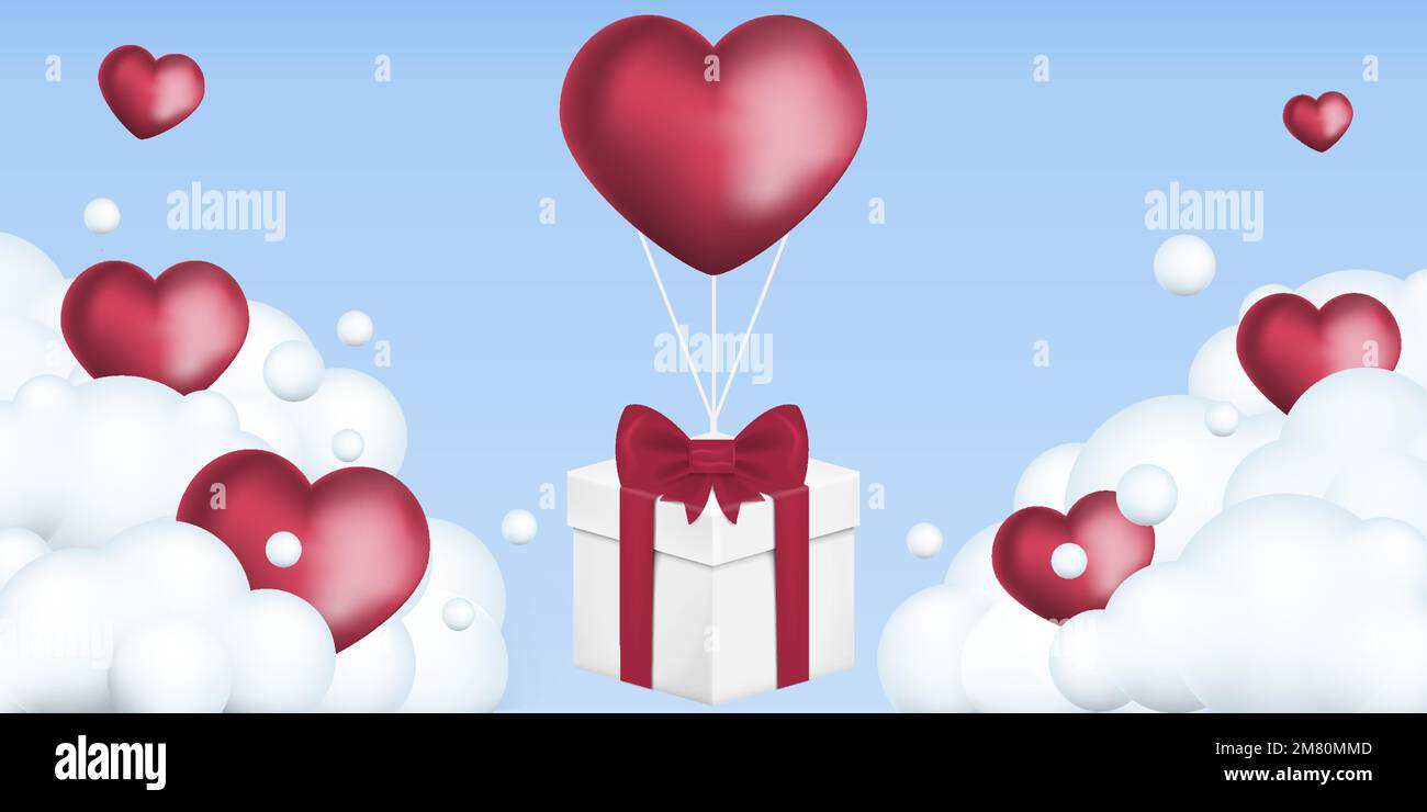 Gift box with heart balloon floating it the sky, Valentine's Day ...