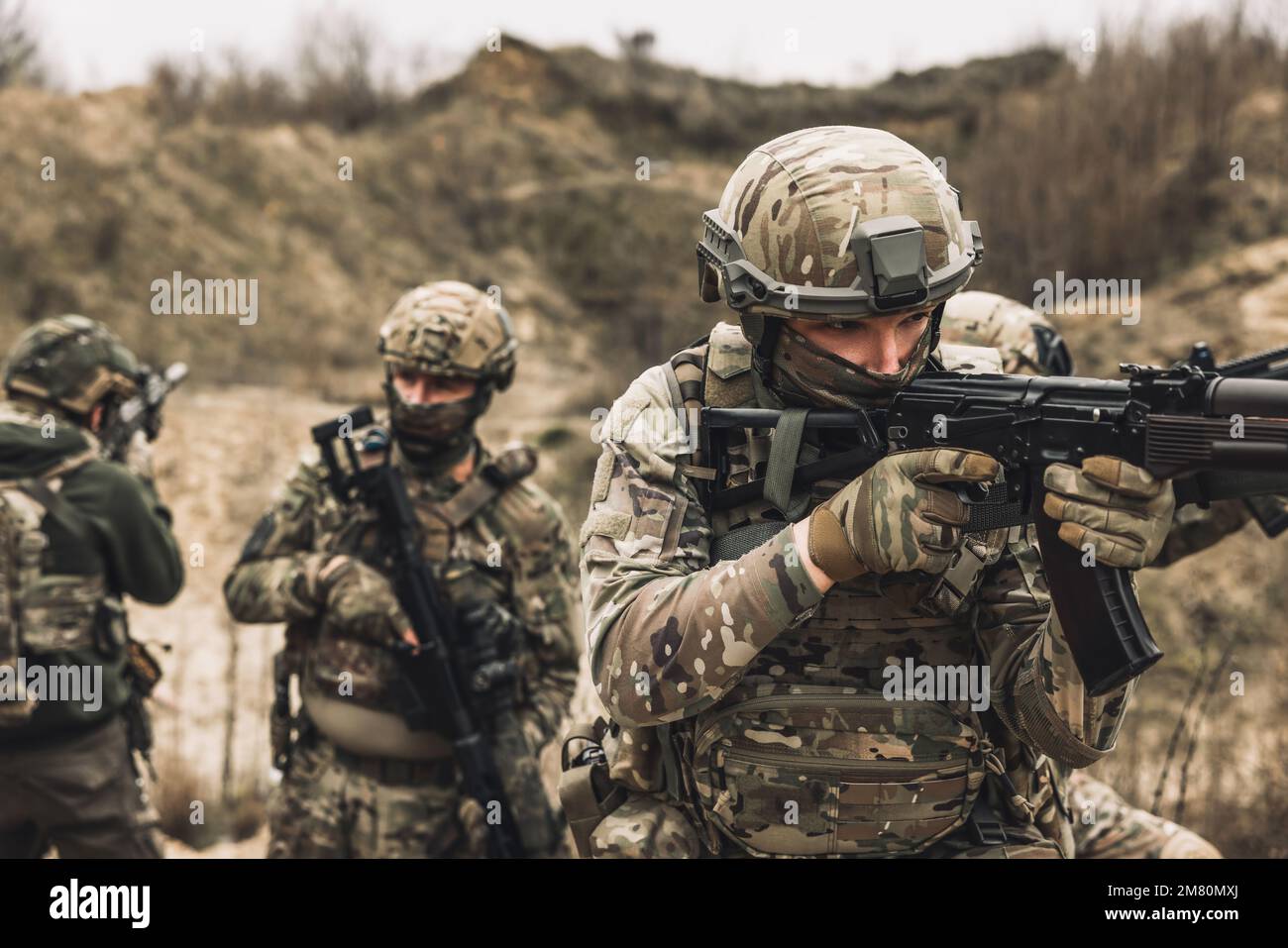 Group of soldiers on a shooting range Stock Photo