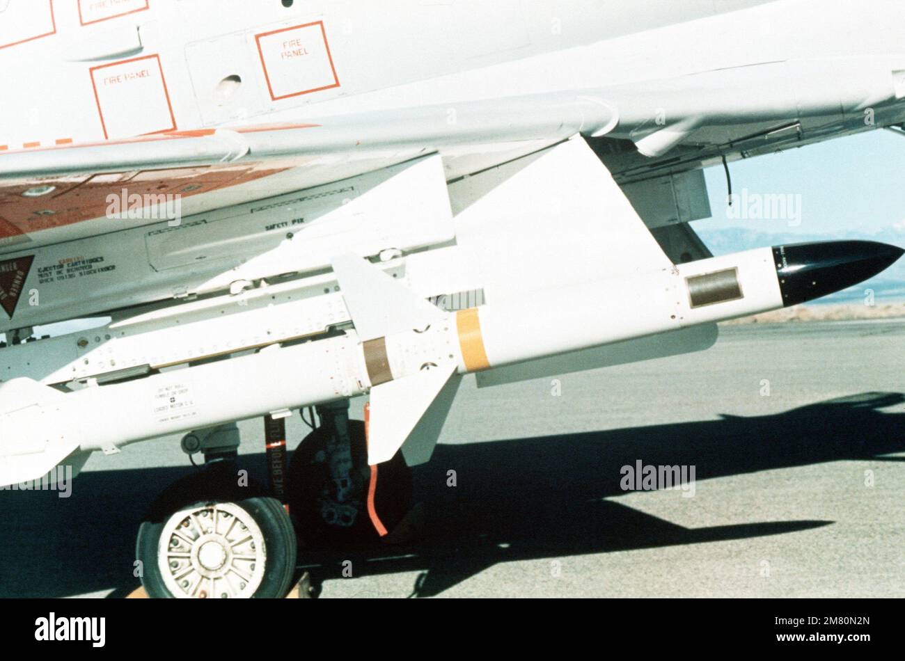 A view of an AGM-45A Shrike surface attack anti-radar missile mounted on the wing pylon of an aircraft. Base: Eglin Air Force Base State: Florida (FL) Country: United States Of America (USA) Stock Photo