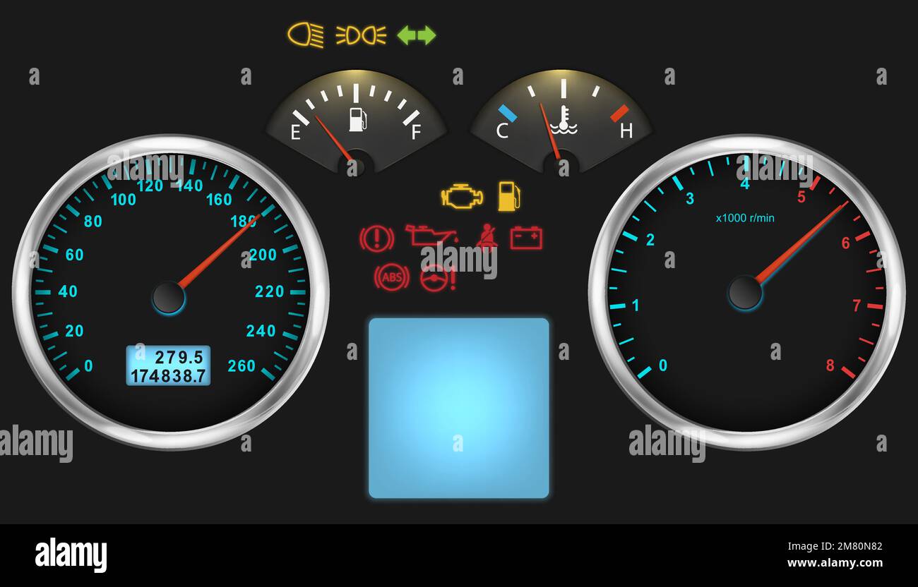 Illuminated car dashboard panel in full electric vehicle. Modern