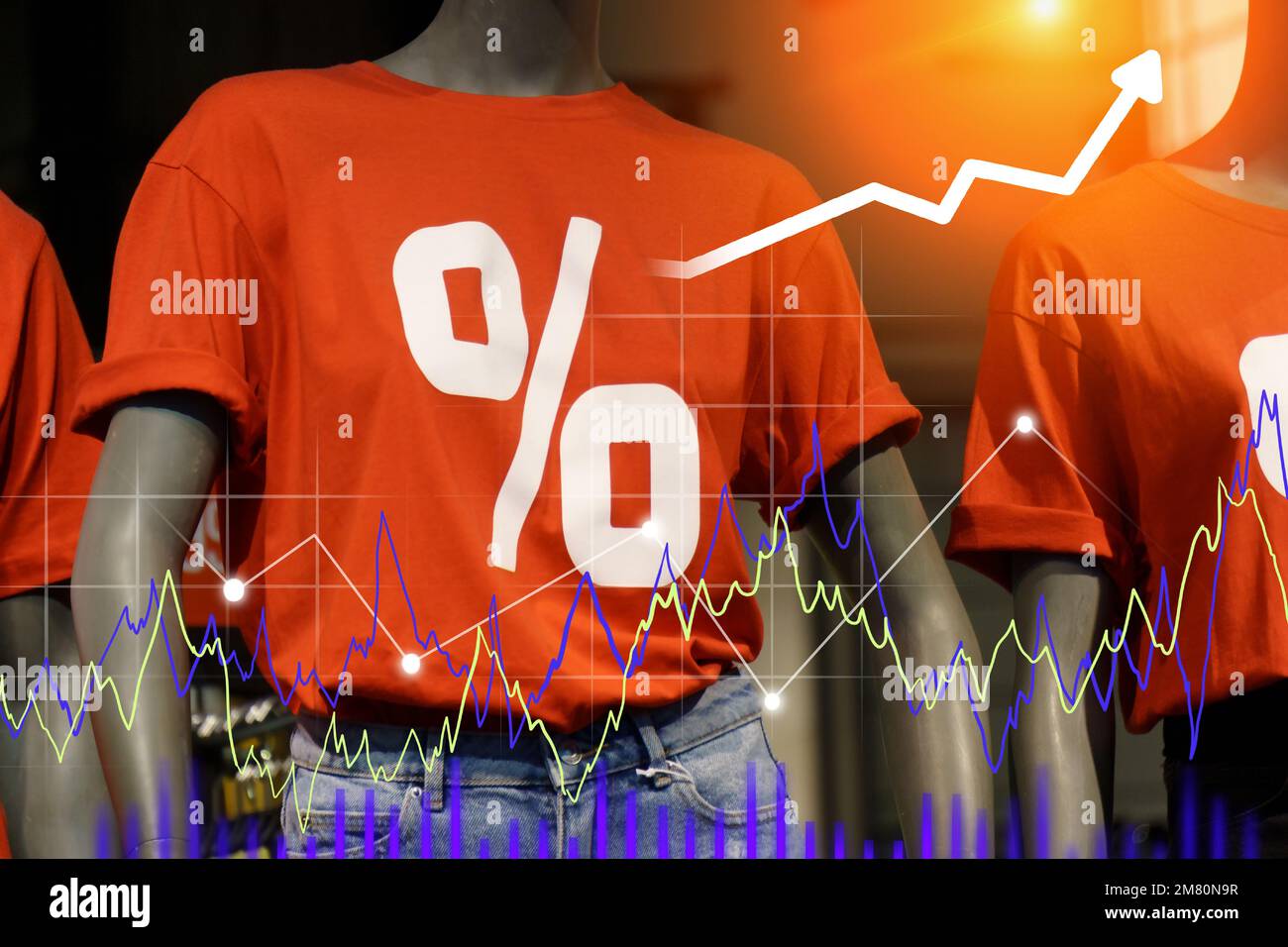 Mannequins stand in short sale in the shop. Sale in shopping window of fashion store. Price