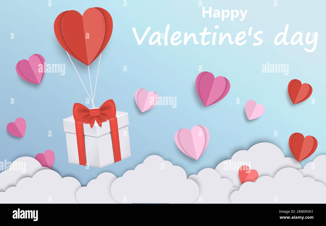 Gift box with heart balloon floating it the sky, Valentine's Day. Paper ...