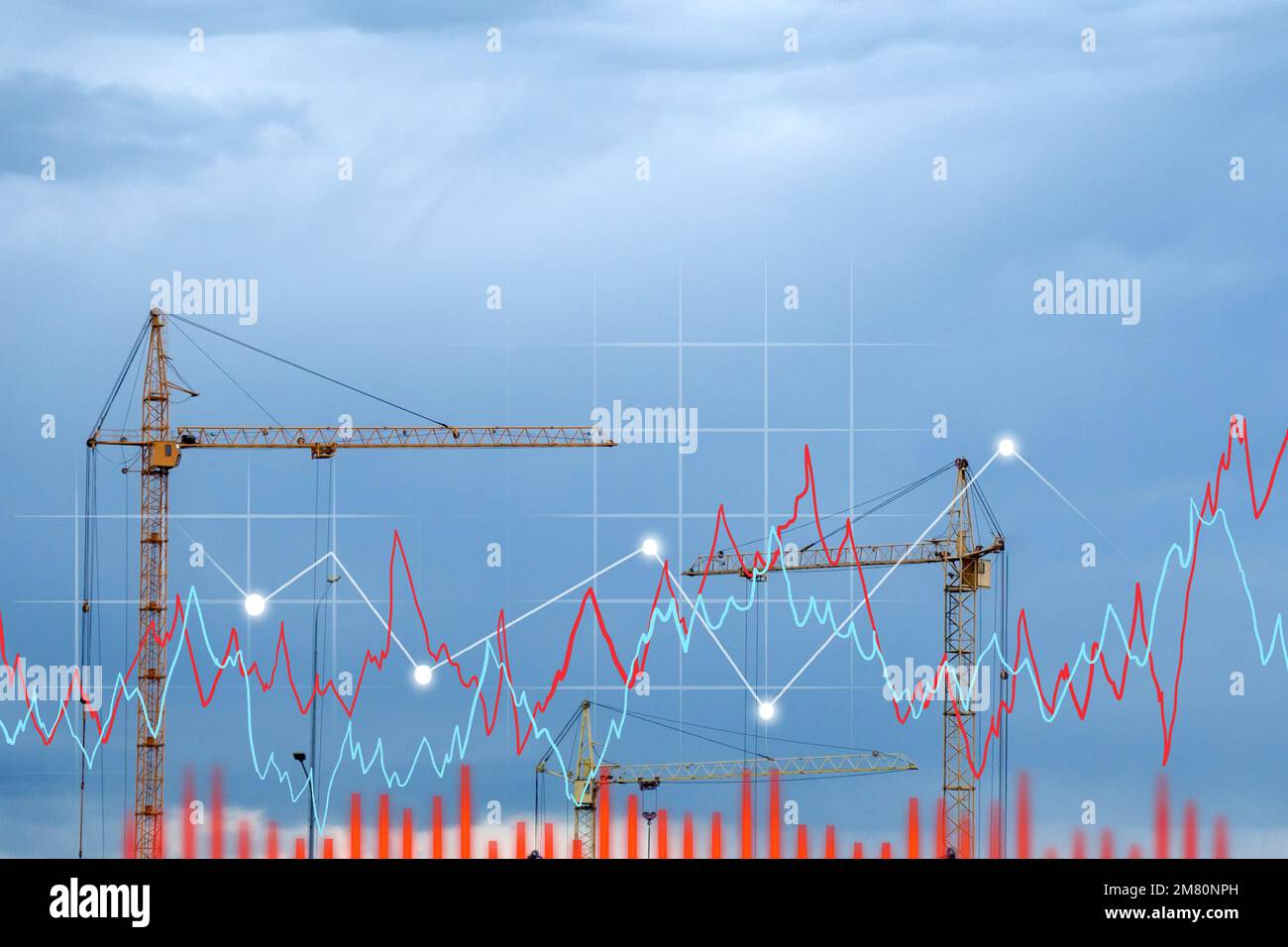 Construction site, graph. Interest Rate Increases. Apartment. Industry