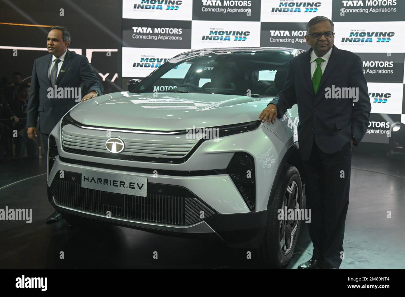 Greater Noida, Uttar Pradesh, India. 11th Jan, 2023. Natarajan Chandrasekaran, Chairperson of the Tata Group poses with the Harrier EV which was unveiled by Tata Motors at the Auto Expo 2023 in Greater Noida. (Credit Image: © Kabir Jhangiani/ZUMA Press Wire) EDITORIAL USAGE ONLY! Not for Commercial USAGE! Stock Photo