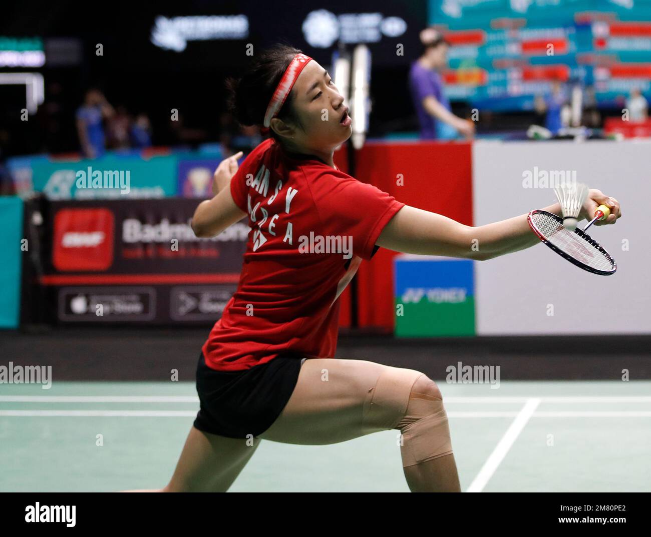 An Se Young of Korea plays against Malvika Bansod of India during the Womens Single first round match of the Petronas Malaysia Open 2023 at Axiata Arena