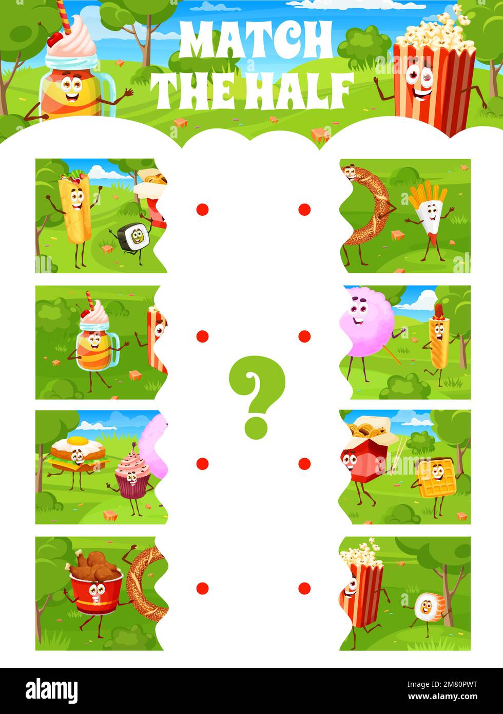 Match the half of cartoon fast food and desserts characters kids game