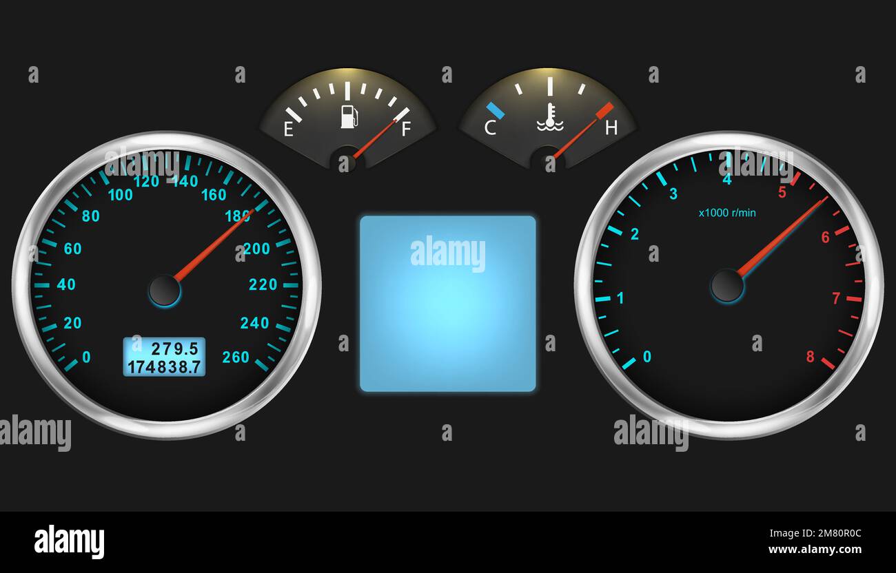 Car dashboard speedometer, tachometer gauge, fuel and engine