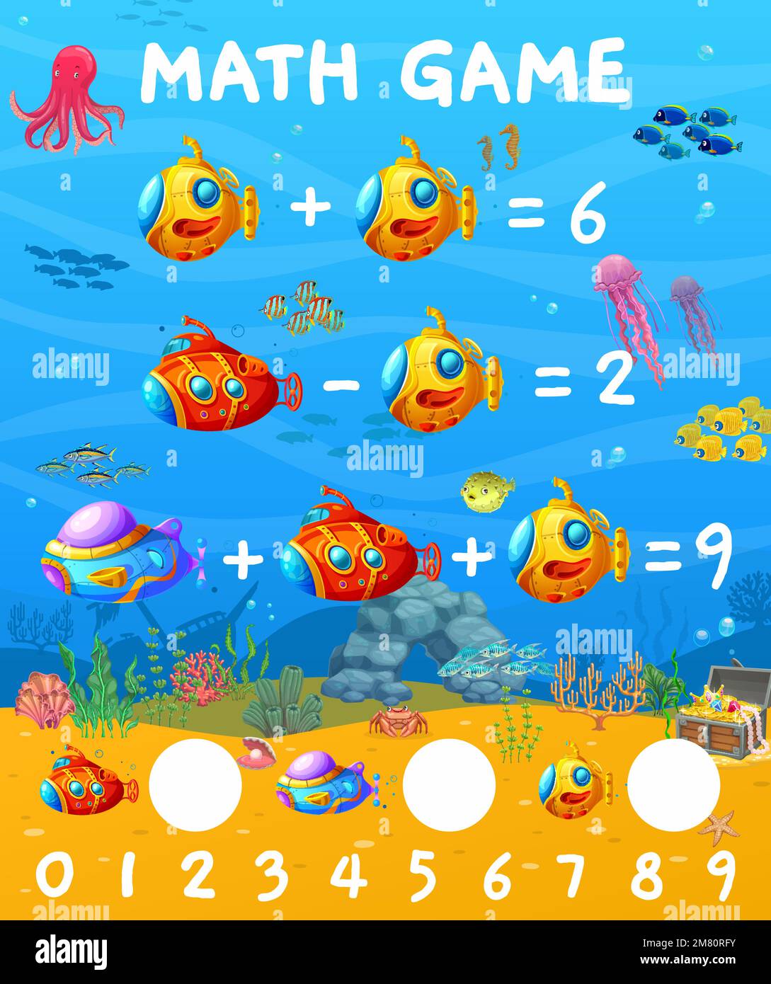 Cartoon submarine and bathyscaphe, underwater landscape. Math game worksheet. Vector arithmetic
