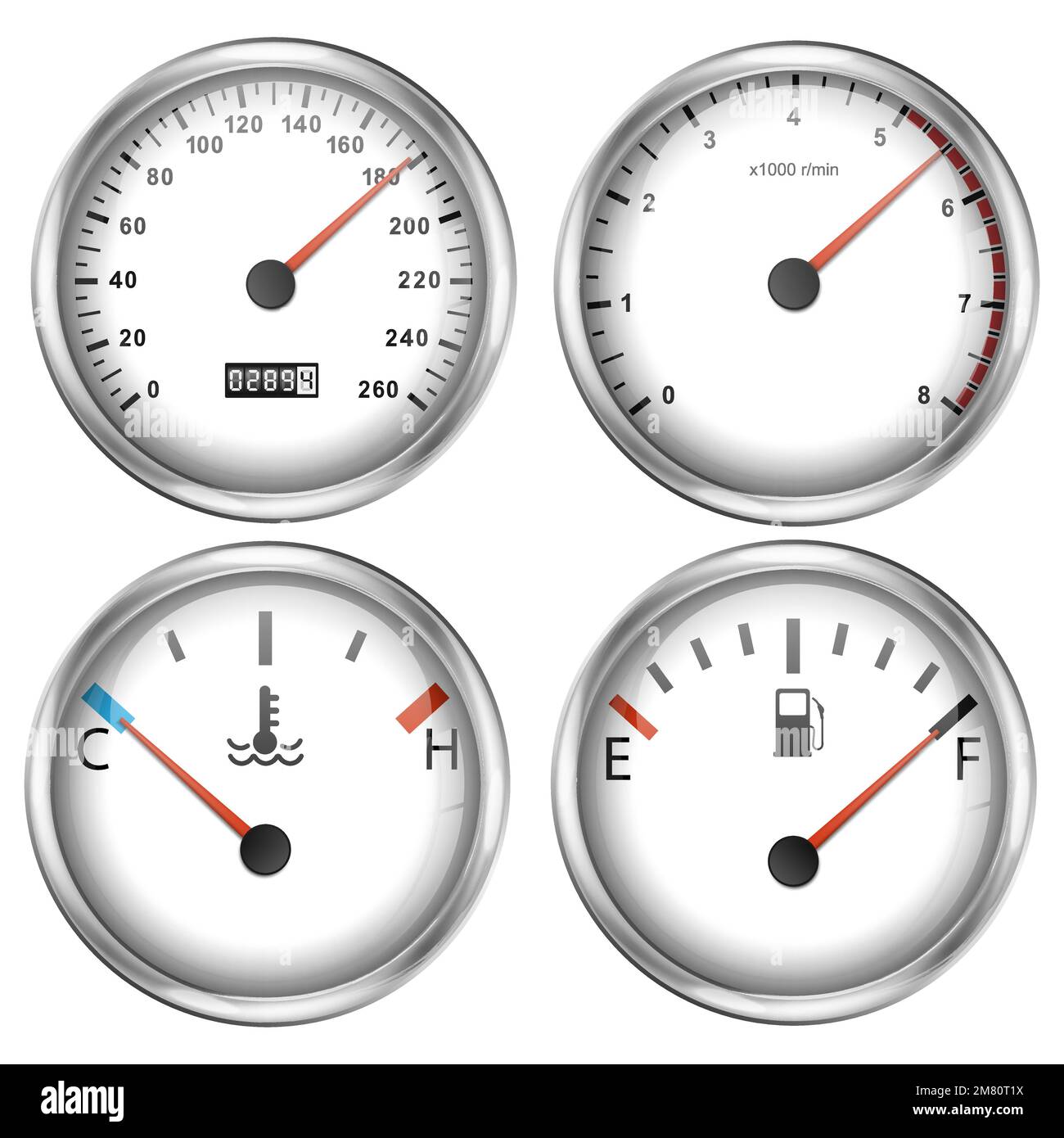 Car dashboard speedometer, tachometer gauge, fuel and engine