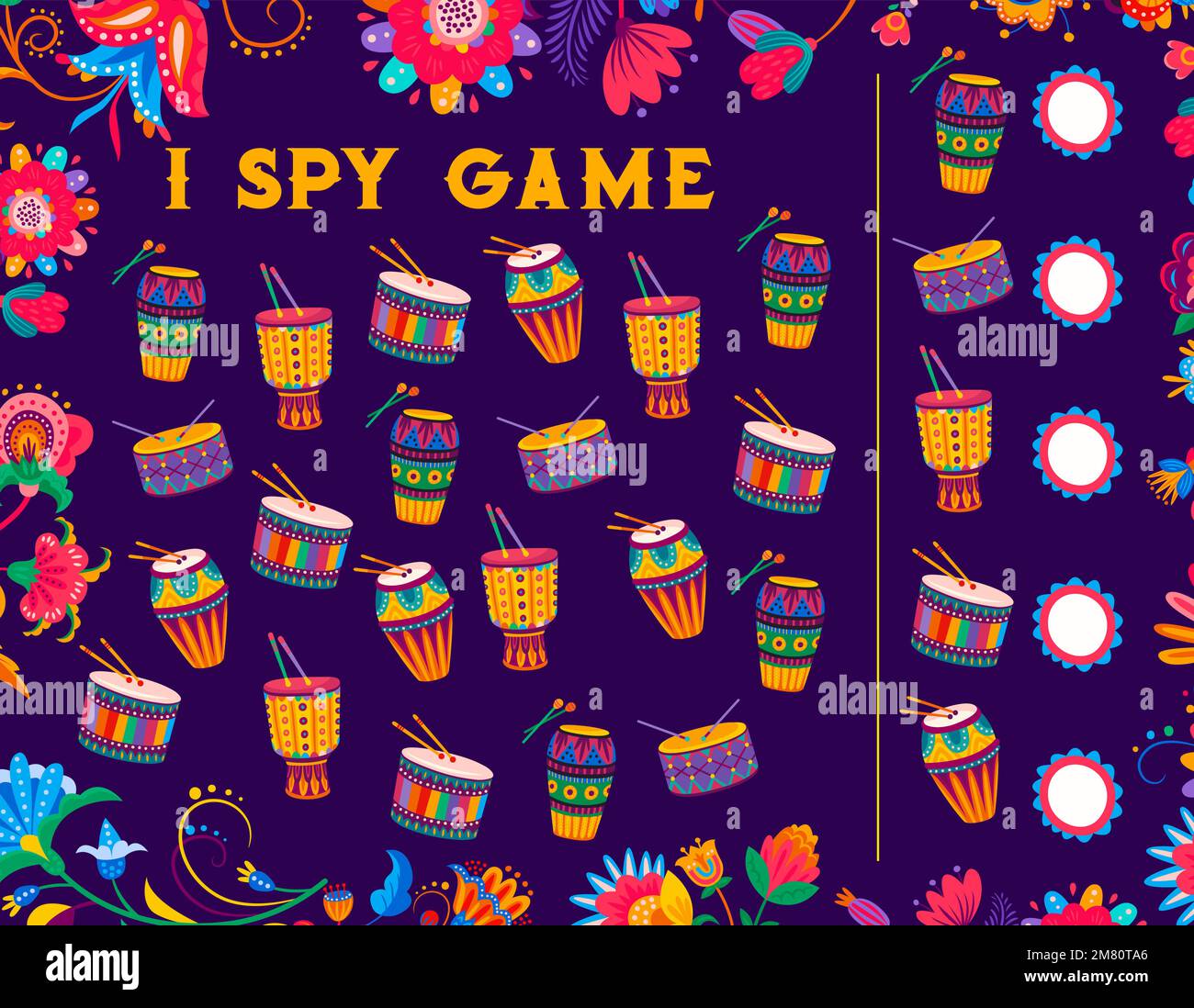 I spy game worksheet with brazilian drums. Kids counting riddle