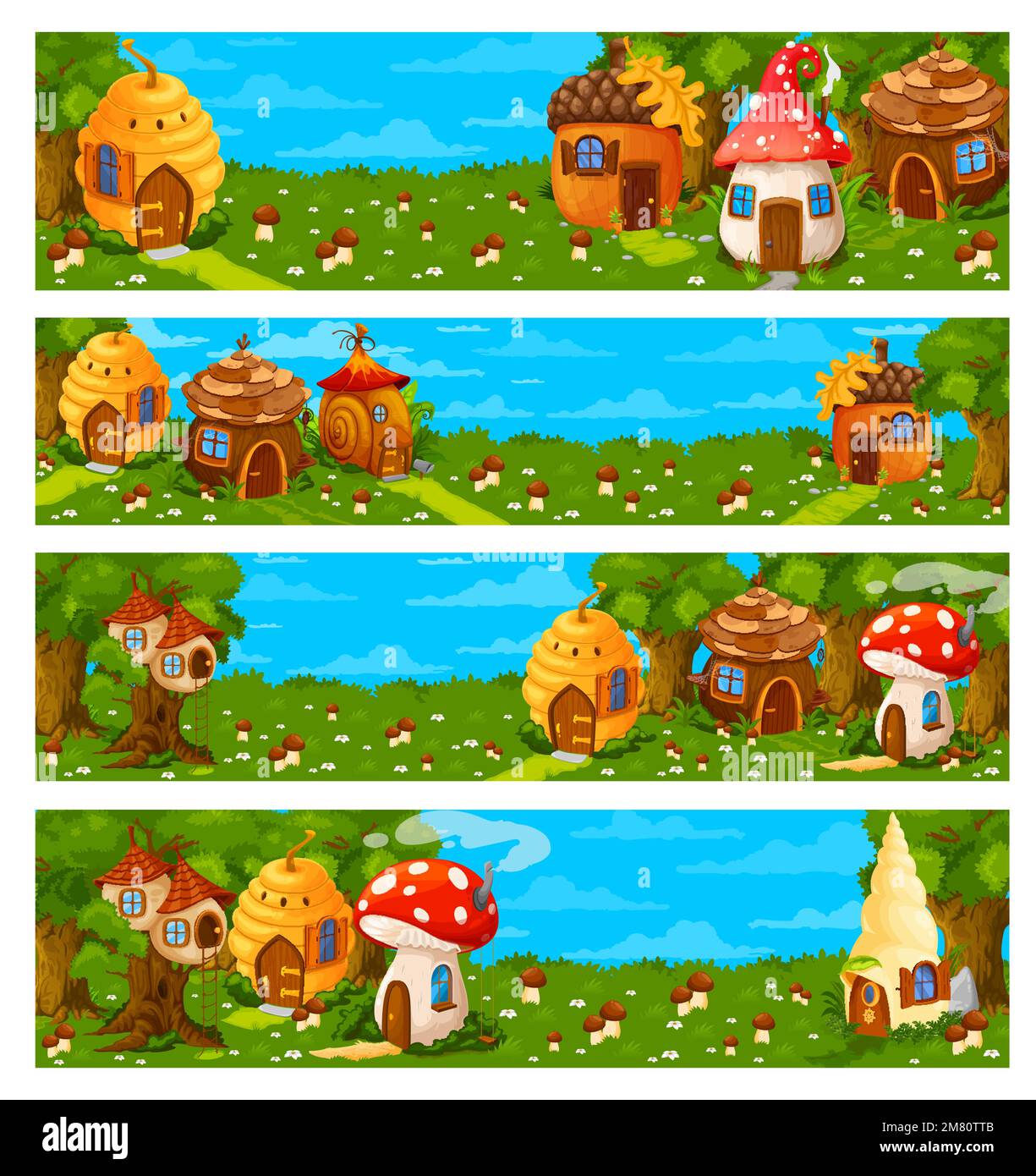 Game level landscape cartoon fairy houses and dwellings. Game level environment vector backgrounds with fairy creature hive, mushroom and snail shell dwellings, hobbit forest house or huts Stock Vector