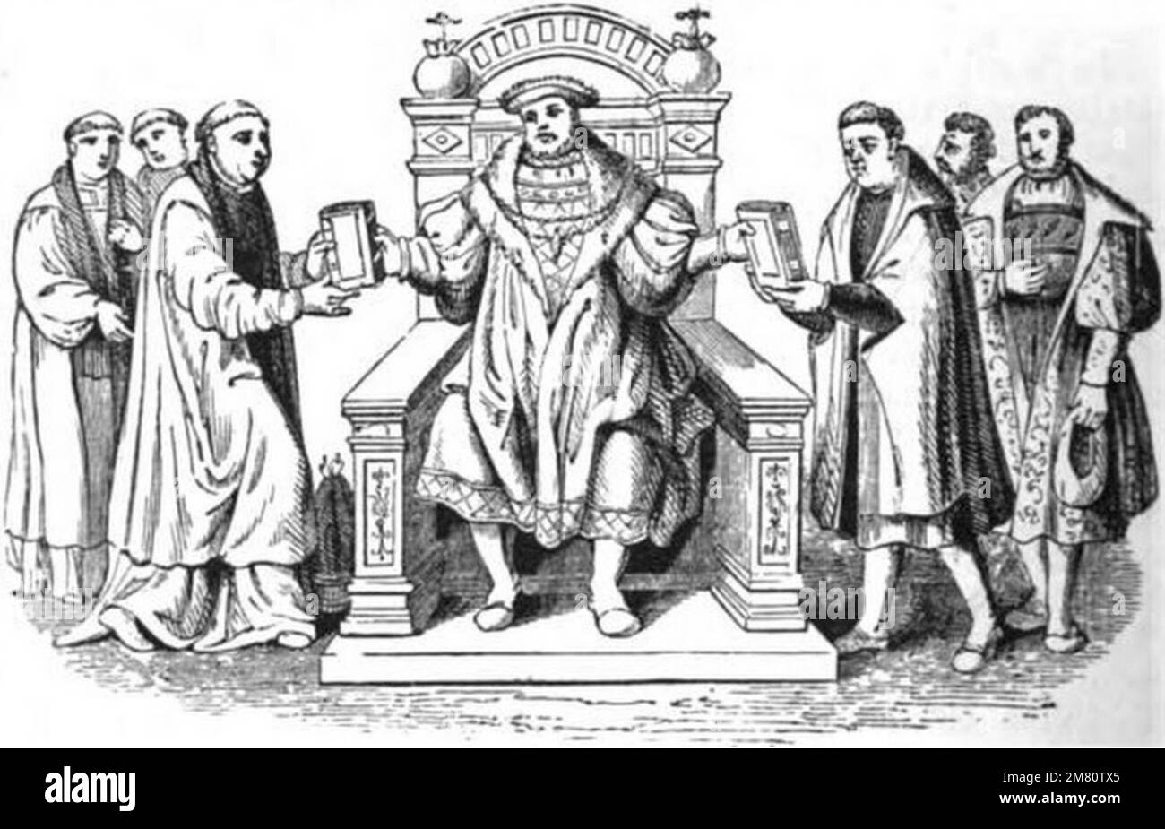 Confutatio Augustana (left) and Confessio Augustana (right) being presented to Charles V Stock Photo