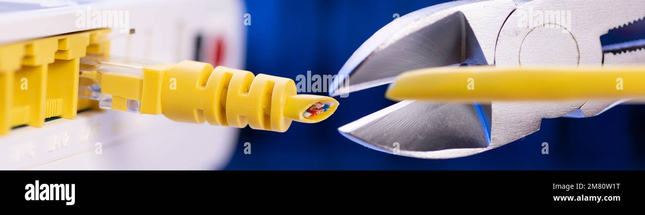 A cutter for cutting a network cable cuts a cable close-up. Stock Photo