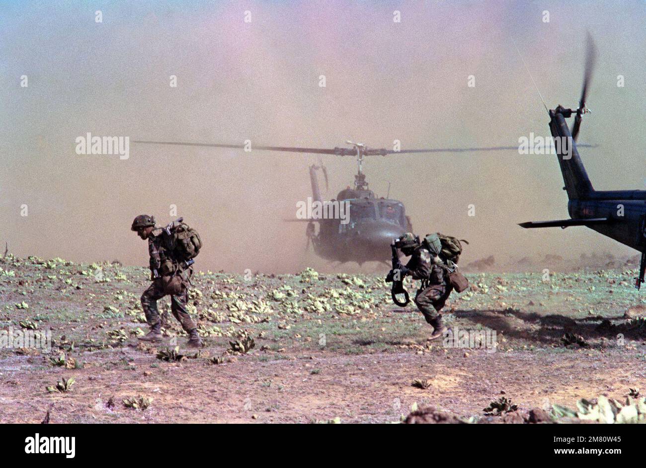 Members of the 2nd Brigade, 25th Infantry Division, leave the landing zone after exiting from UH-1A helicopters from the 25th Combat Aviation Battalion. The men are participating in an airmobile assault during training Exercise OPPORTUNE JOURNEY 4-83. Stock Photo