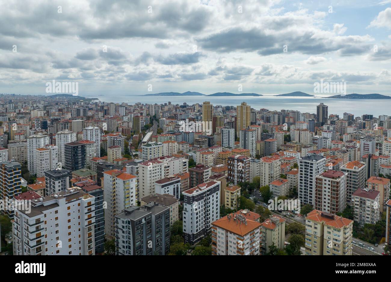 Aerial view of Erenköy in Kadıköy district of Istanbul province and the islands in the sea of Marmara Stock Photo