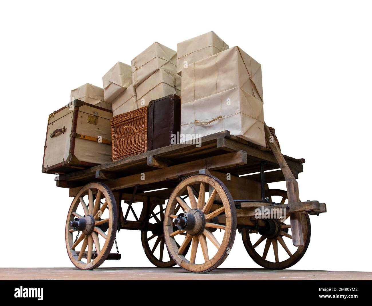 The historic postal carriage full of shipment, on a white background ...