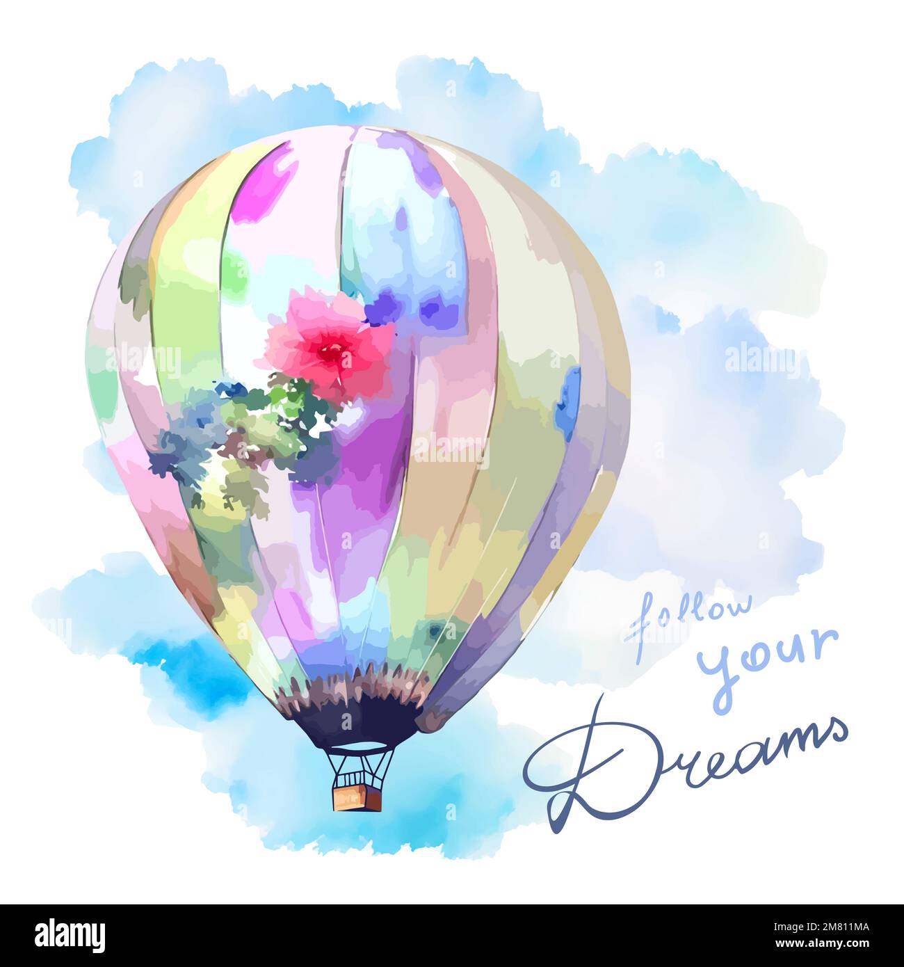 Watercolor hand drawing romantic air ballon for holiday greeting card, travel, adventure, vintage illustration. Stock Vector