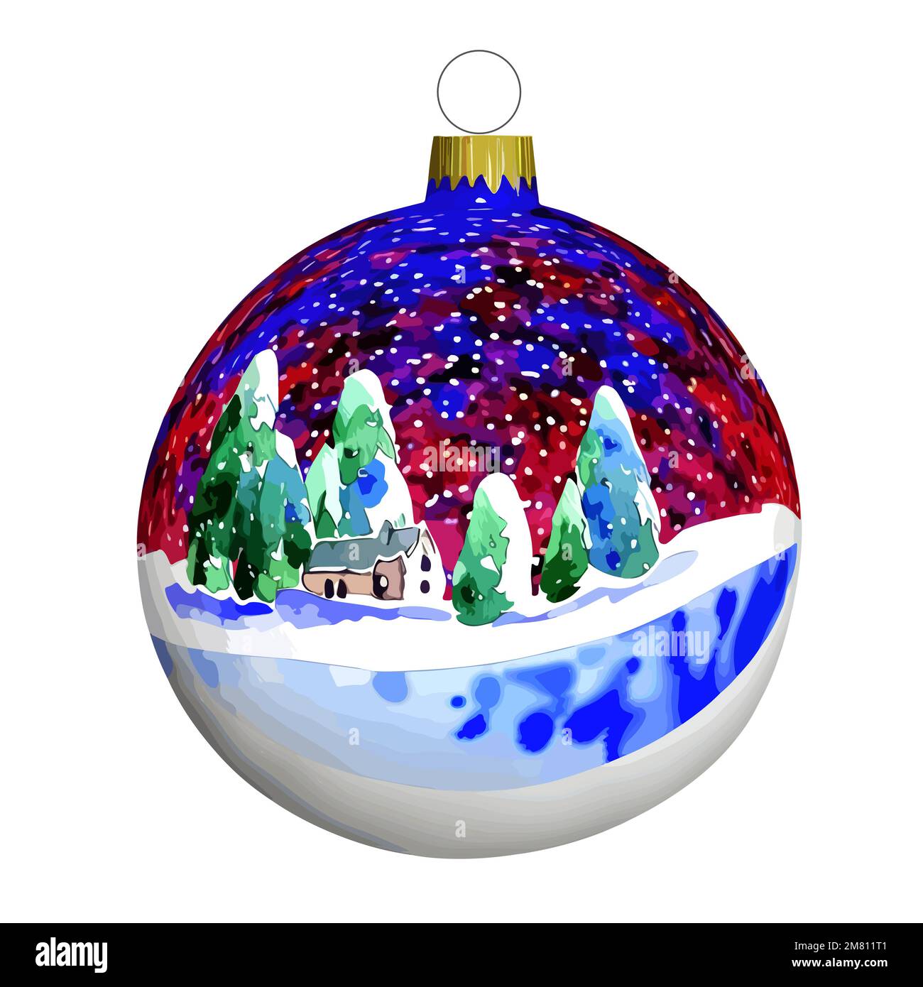 Vector watercolor magic Christmas ball for fir with winter landscape