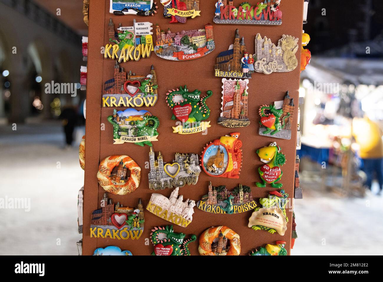 Krakow Poland travel - fridge magnets for sale for souvenirs at a stall in Krakow Christmas Market in winter, Krakow Poland Europe Stock Photo