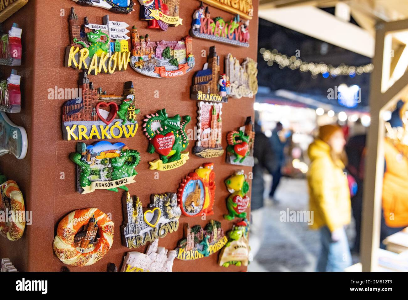 Krakow Poland travel - fridge magnet for sale as a souvenir at a stall in Krakow Christmas Market in winter, Krakow Poland Europe Stock Photo