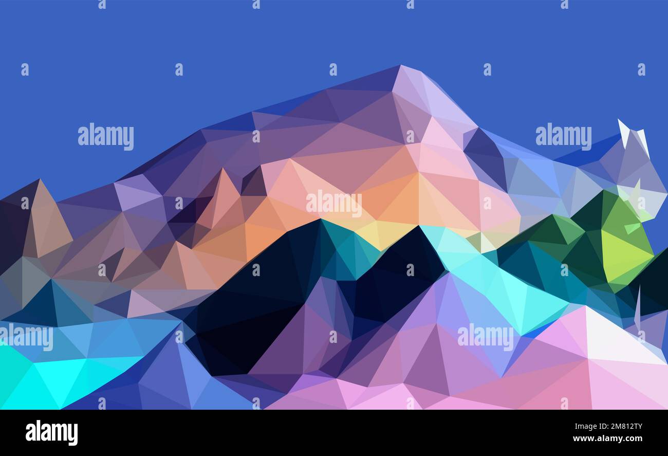Polygonal geometric abstract digital mountain, vector colorful, flat landscape, travel background, mountains art, blue sky, creative backdrop Stock Vector