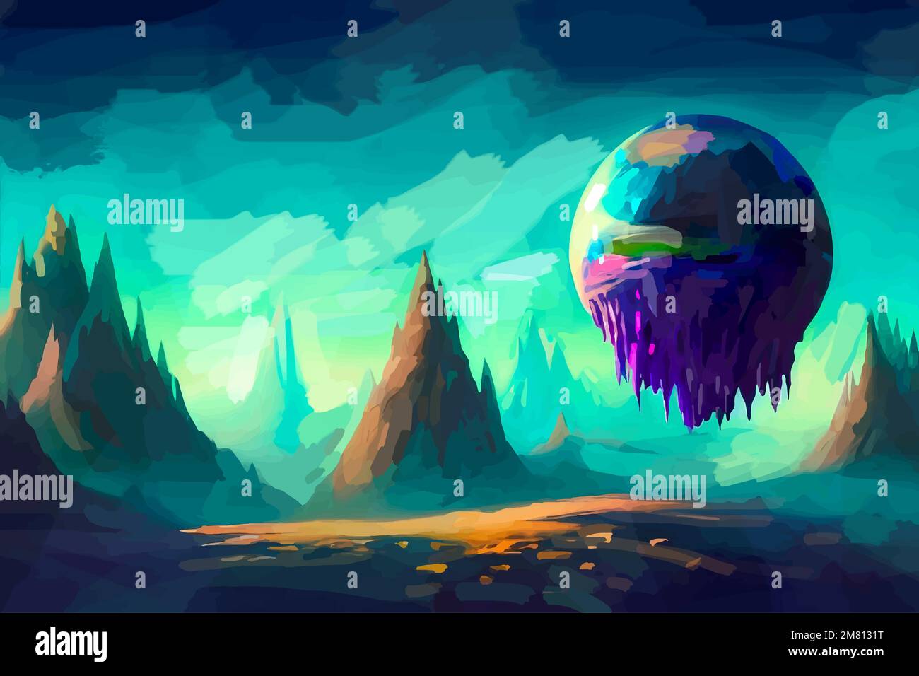 Surreal world, magical alien planet, abstract digital painting, fiction background Stock Vector