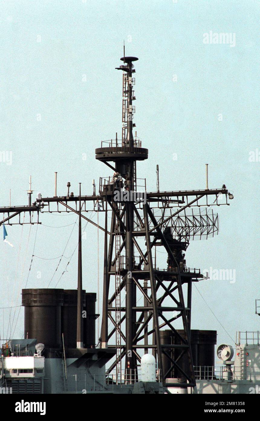 A view of the amidships array of radar equipment aboard the Ticonderoga