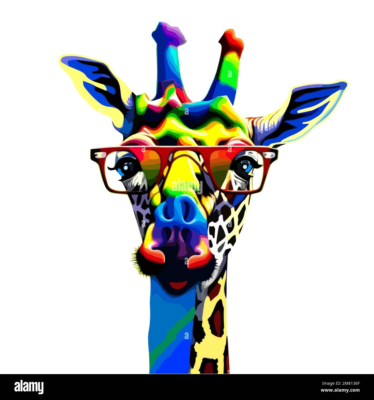 Vector cute illustration of a giraffe face with red glasses, colorful