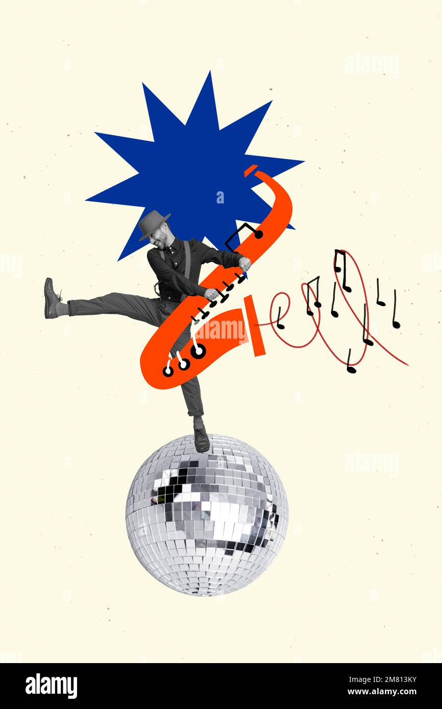 Poster template collage of crazy cool saxophonist guy playing saxophone