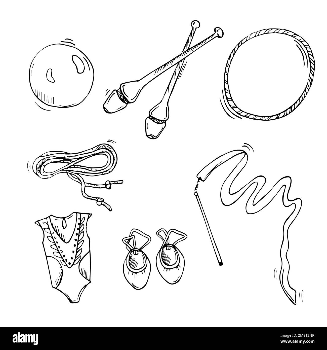 Vector doodle rhythmic gymnastics equipment set: sportwear, halfshoes, clubs, hoops, ribbon, ball. isolated vector Stock Vector