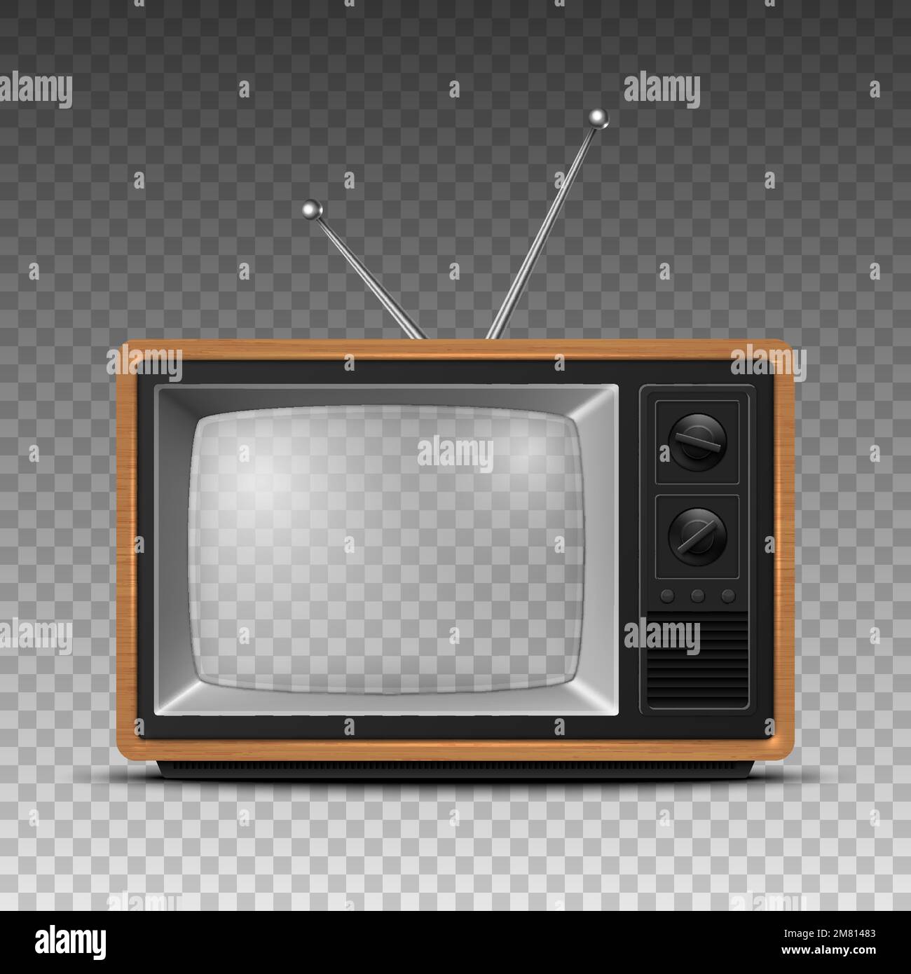 Vector 3d Realistic Brown Wooden Retro TV Receiver with Transparent Screen Isolated. Home Interior Design Concept. Vintage TV Set, Television, Front Stock Vector