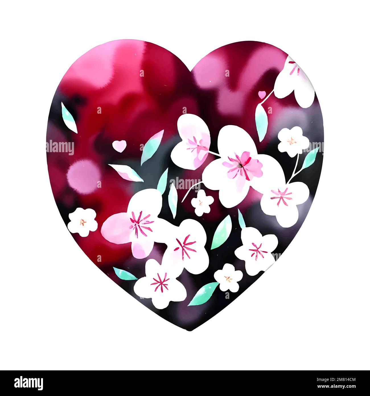 Vector red heart with cherry, sakura bloosom, valentine's day love ornament, spring floral painting, vintage romantic, lovely design elements Stock Vector