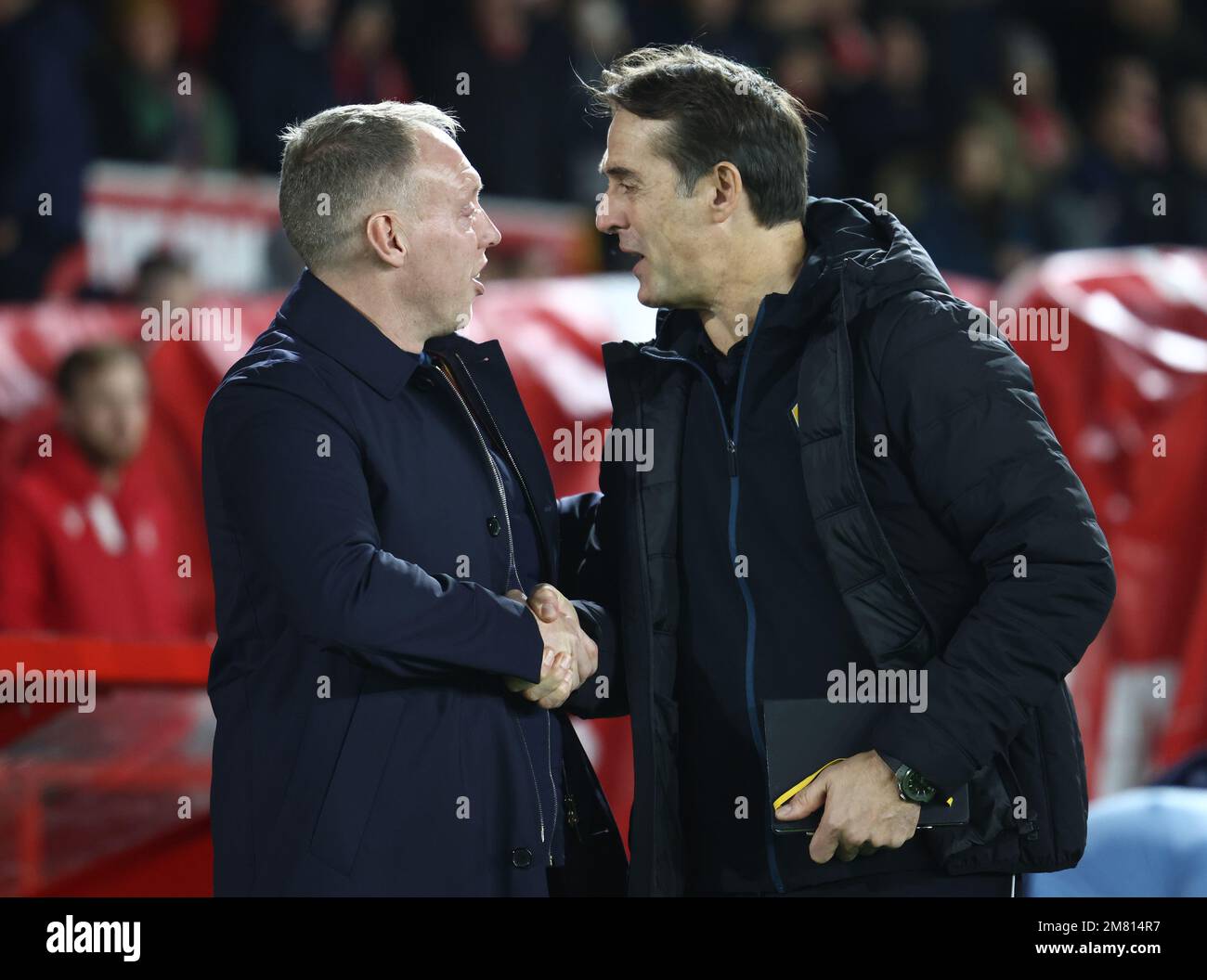 Nottingham, England, 11th January 2023.  Steve Cooper manager of Nottingham Forest greets Julen Lopetegui manager of Wolverhampton Wanderers during the Carabao Cup match at the City Ground, Nottingham. Picture credit should read: Darren Staples / Sportimage Stock Photo
